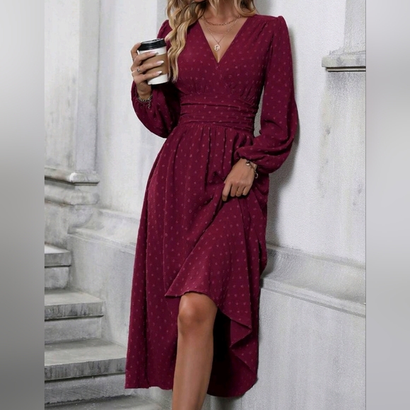 NEW Flowy Swiss Dot Ruched Waist Lantern Sleeve Dress Burgundy Red - Picture 3 of 8